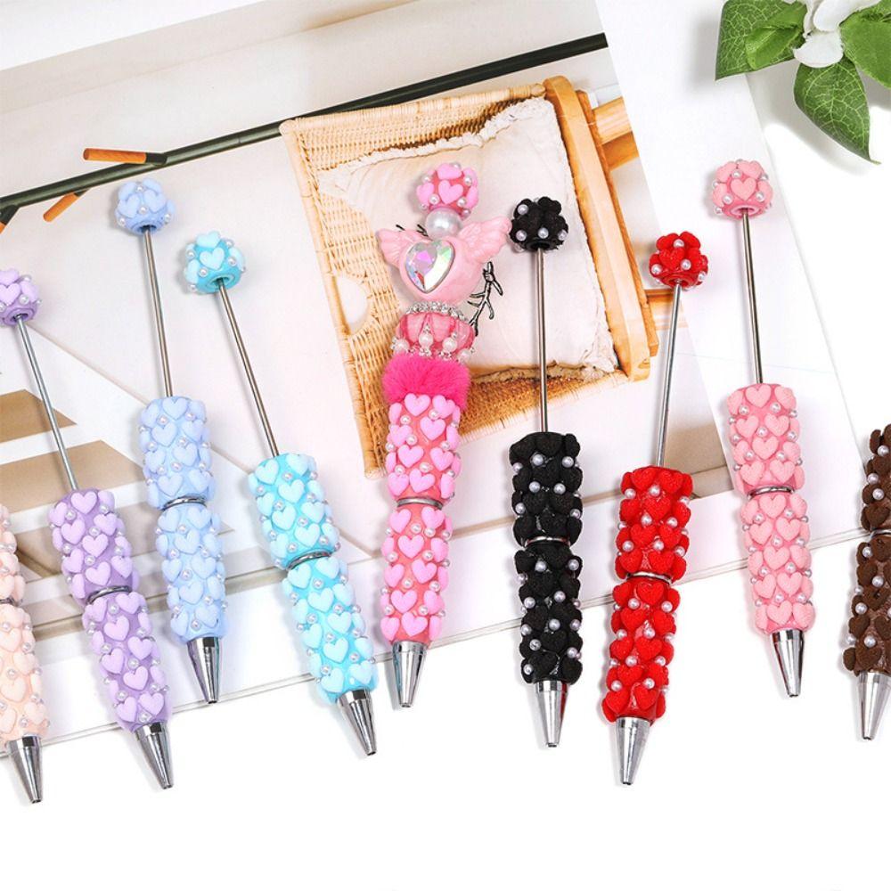 Pearl DIY Clay Heart Bead Pen Black Ink Full Diamond Flocked Heart Beaded Pen Handmade Glitter Bead Beaded Ballpoint Pen