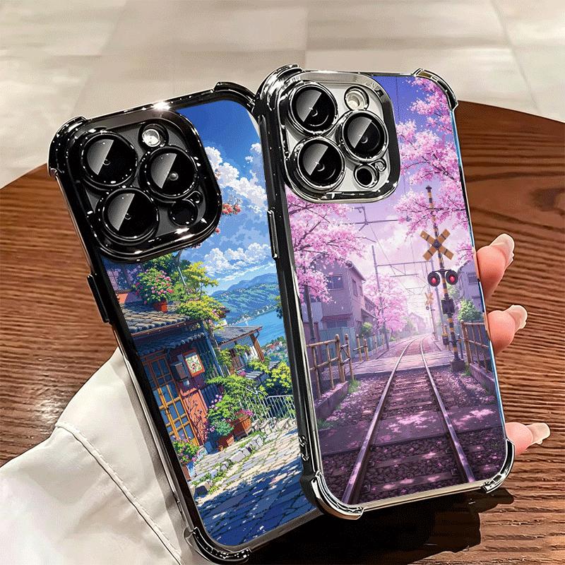 Anime Aesthetic Scenery Plating Phone Case For Iphone 16 17 Pro Max Air 16E 14 15 Plus 12 13 Mini Anti-Fall Airabag Cover