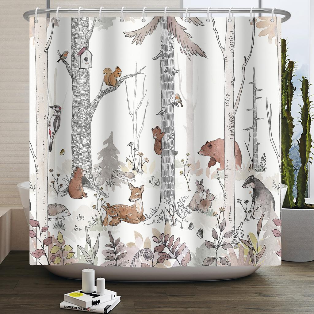 Rlsgjlkjk Forest Animals Shower Curtain Jungle Trees Plant Wildlife Bird Bear Fox Deer Modern Minimalist Bathroom Shower Curtain