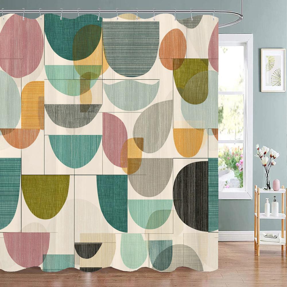 Modern Geometric Pattern Print Shower Curtain, Polyester Shower Curtain Set With Hooks For Bathroom Decorative Shower Curtain