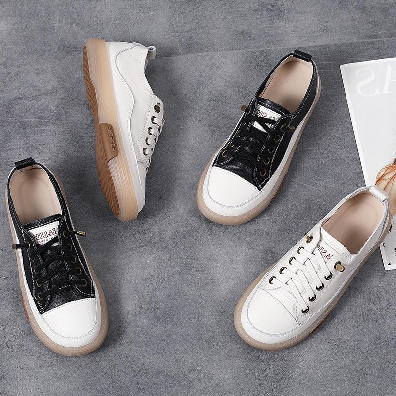 Móda Pravá Kůže Dámské Boty na Chůzi s Měkkou Podrážkou Letní Studentské Běžecké Tenisky Ležérní Bílé Černé Baleríny Dámské Skate Trenéry