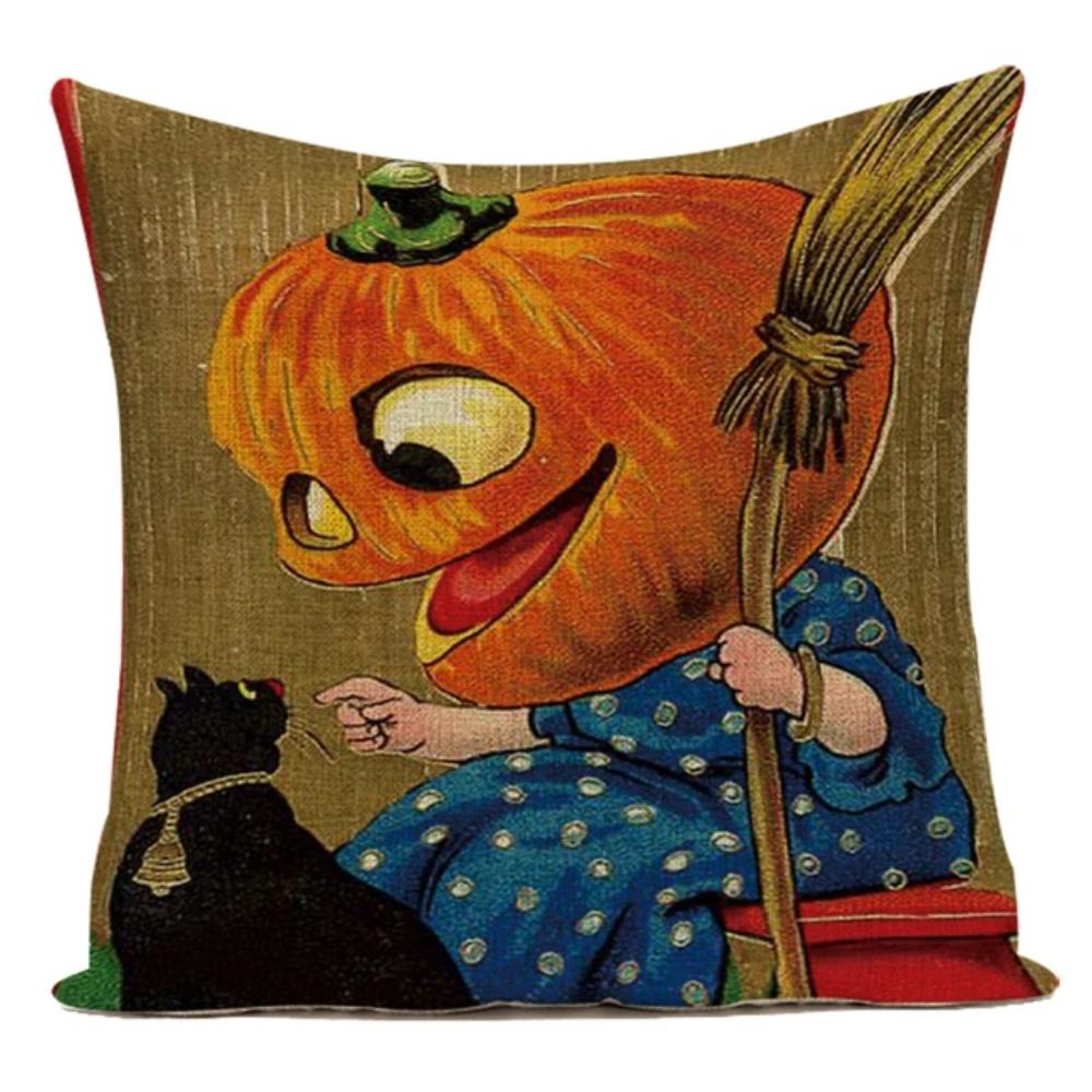 Retro Halloween Pillow Cover Vintage Illustration Witch Pumpkin Black Cat Cushion Case Home Decor Throw Pillowcase for Sofa Bed