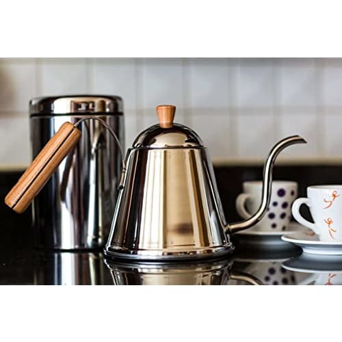 Yoshikawa SH7090 Stainless Steel Drip Coffee Pot, 1.1L, Narrow Mouth, Wooden Handle, Made In Japan, Gas and Induction Compatible