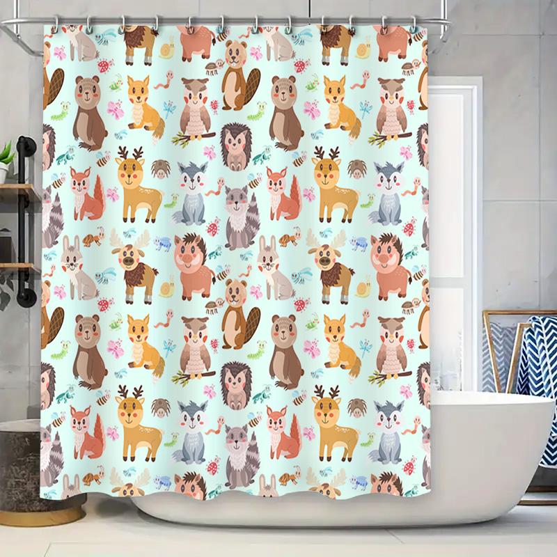 

Animal Print Shower Curtain Bathroom Decor For Kids Room Set Includes 3 Panels With Hook Cartoon Forest Animal Pattern In Blue W W60H190(CM)-1 Pcs