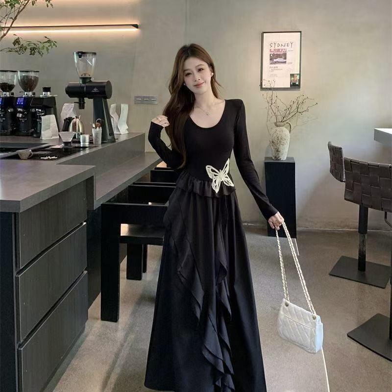 Elegant Butterfly Print Ruffle Dress for Spring and Autumn