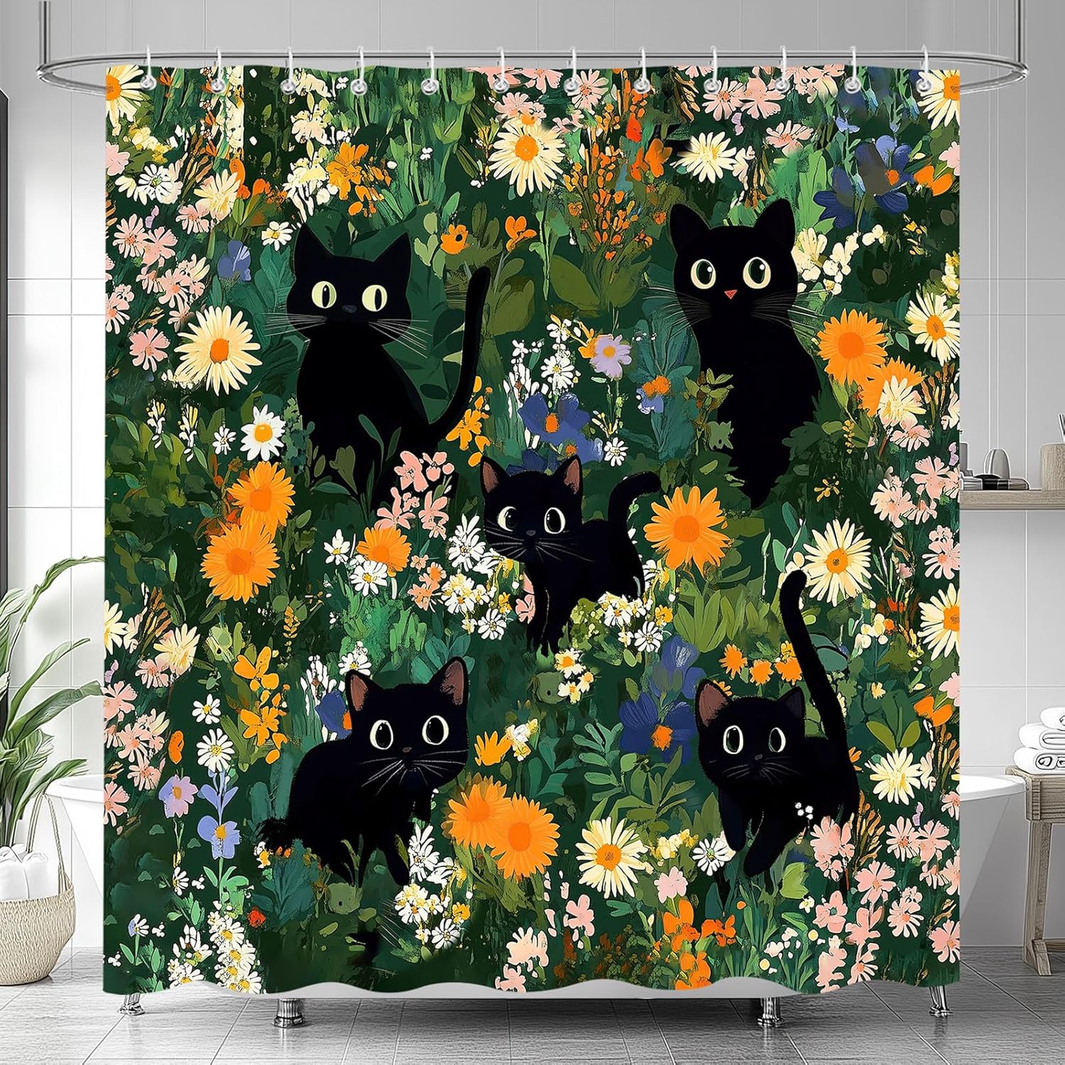 

Cute Cat Shower Curtain, Modern Girly Aesthetic Design Bath Curtains For Bathroom,Funny Watercolor Floral Decor Waterproof W60H190(CM)-1 Pcs