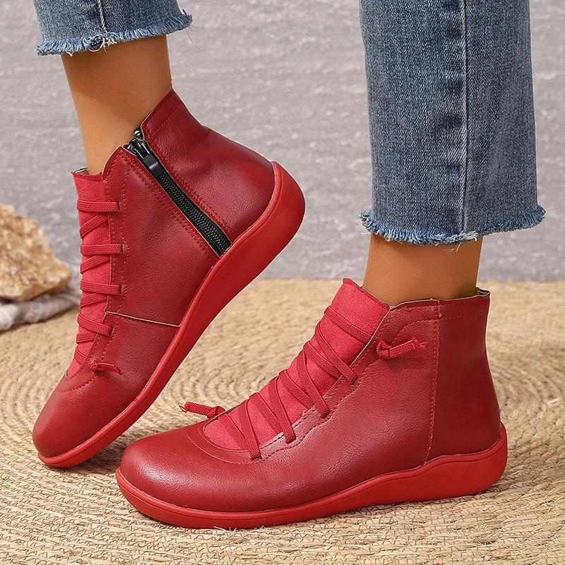 

Fashion 2025 Spring Women Waterproof Ankle Boots Vintage Woman Faux Leather Pu Flat Shoes Short Boots Womens Plus Size Zipper Booties 36 красный