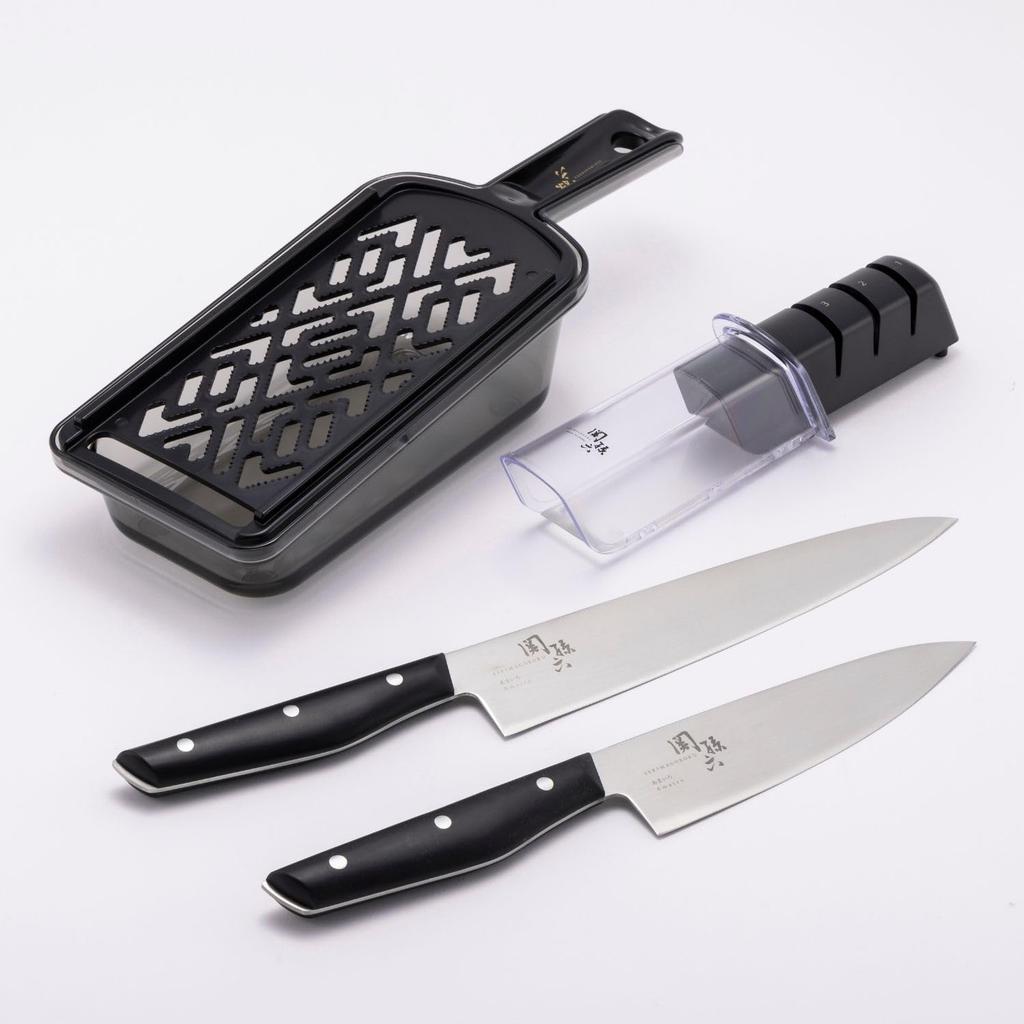 Kai Seki Magoroku RC1150 2 Knives and 2 Includes Simple and Sharpener "4-Piece Set Cookware" Knives, Chef's Knife, Whetstone, Grater,