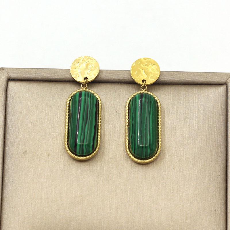 European Retro Gold-Plated Malachite Pendant Earrings for Women - Light Luxury High-End Style