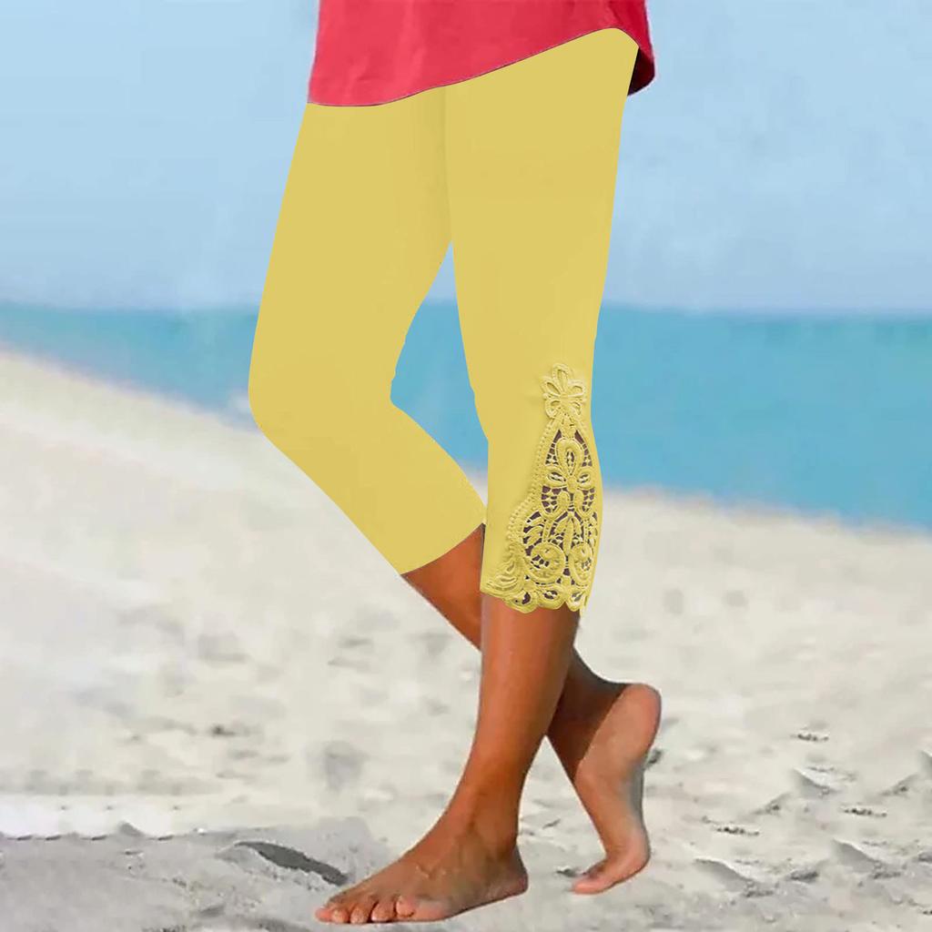 Women's Casual Stretch Leggings Lace Stitching Cutout Cropped Pants