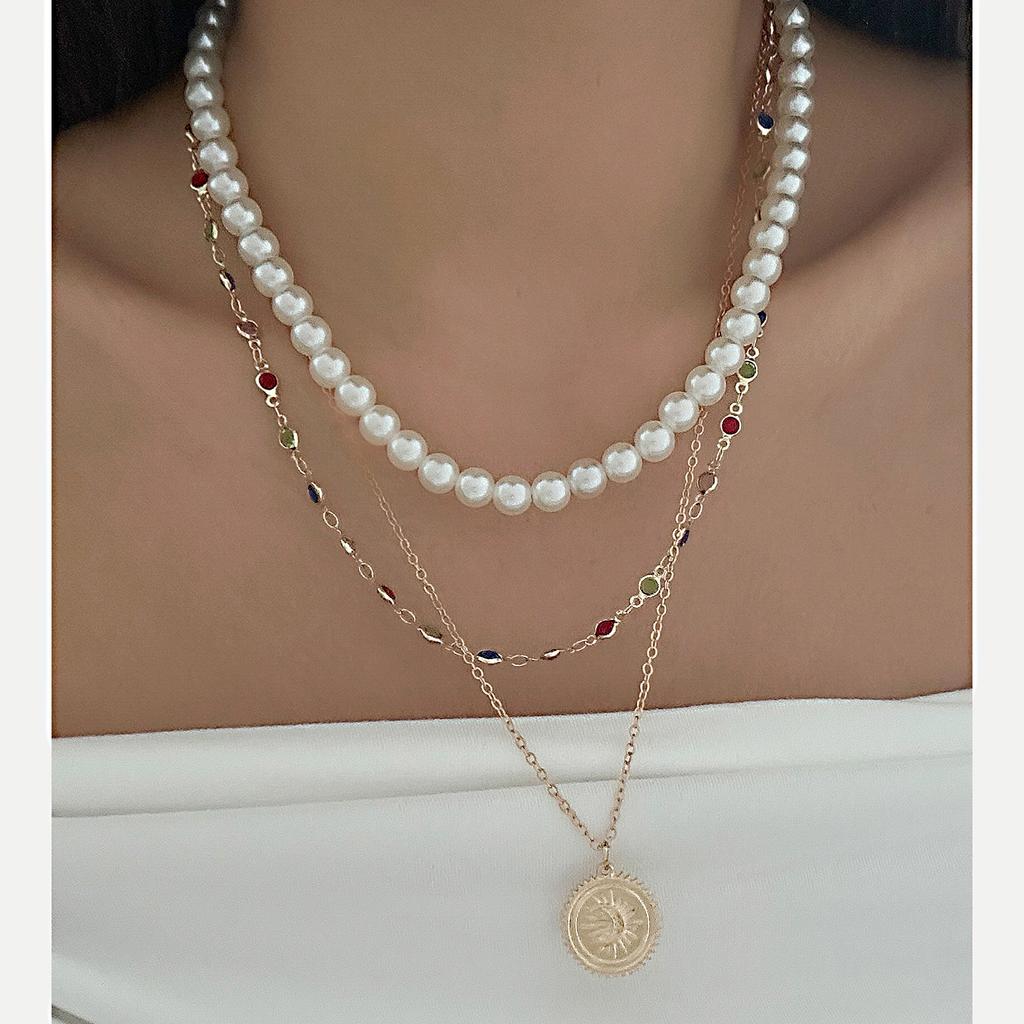 Ins Style Fashion Imitation Pearl Multi-layer Crystal Necklace Women, Simple Moon Pendant Stacked Jewelry