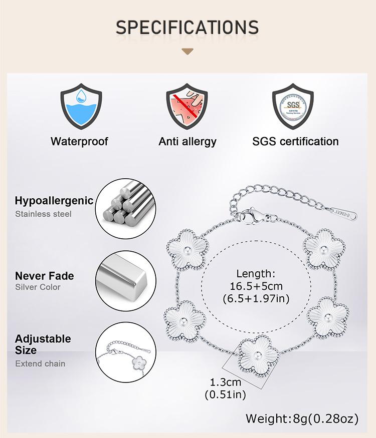 Women Flower Charms Bracelet 18K Gold Plated, Stainless Steel Lucky Flower Link Wrist Jewelry Birthday Gift