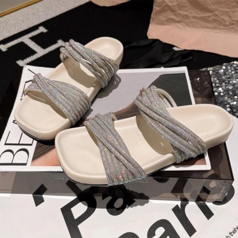 Modische Ballerinas Damen Hausschuhe Kristall Mode Schuhe Sommer Lässig Gemütlich Damen Sandalen 2025 Strand Flip Flops Kleid Gehen Mujer Schuhe