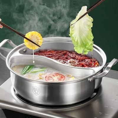 Stainless Steel Divided Hot Pot Thicken with Glass Lid Chinese Soup Hotpot Binaural Handle Rust-proof Yuanyang Pot Commercial