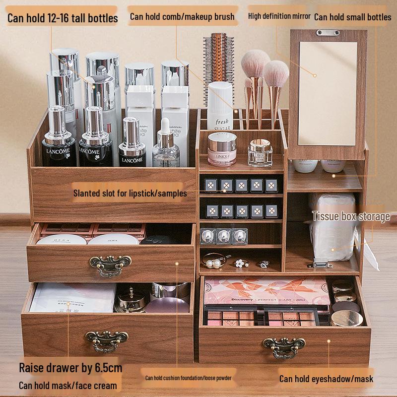 Large Wooden Cosmetic Storage Box with Mirror: Multifunctional Skincare and Lipstick Holder