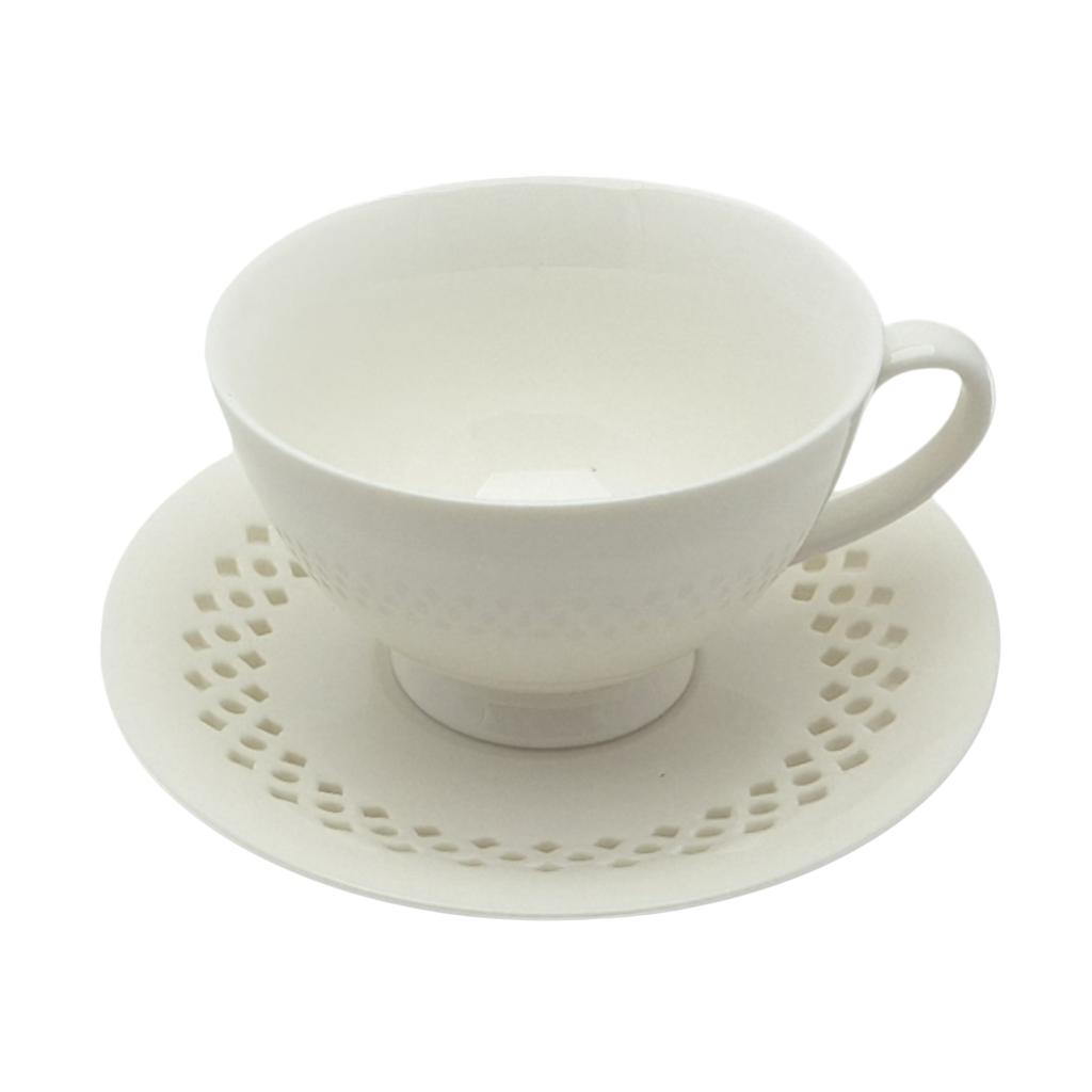 WHITE CERAMIC CUP 260ml WITH OPENWORK SAUCER FOR COFFEE AND TEA