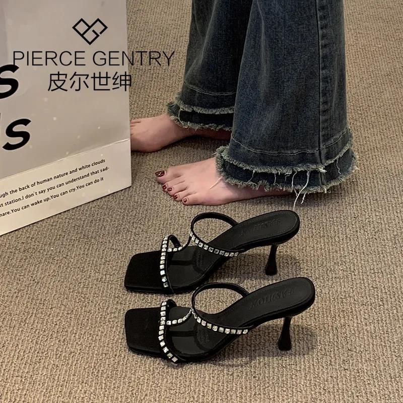 Internet Celebrities Ins the Same Rhinestone Slippers Women Wear 2025 Spring and Summer New High Heels Slippers