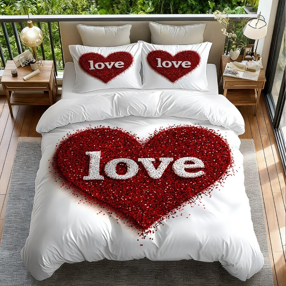 Love Printed Comfortable Bedroom Duvet Cover And 1/2 Pillowcases Set Digital Print Machine Washable Bedding Collection
