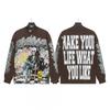Unisex Vintage Skull Print Washed Cotton Long Sleeve Hoodie Streetwear Loose Fit
