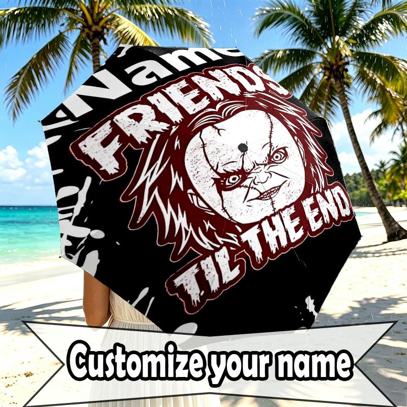 Custom Name Personalized Bride of Chucky Print Umbrella, Auto Open Close, 8‑Rib Sturdy Frame, Commute Camping Hiking Use, Birthday Gift