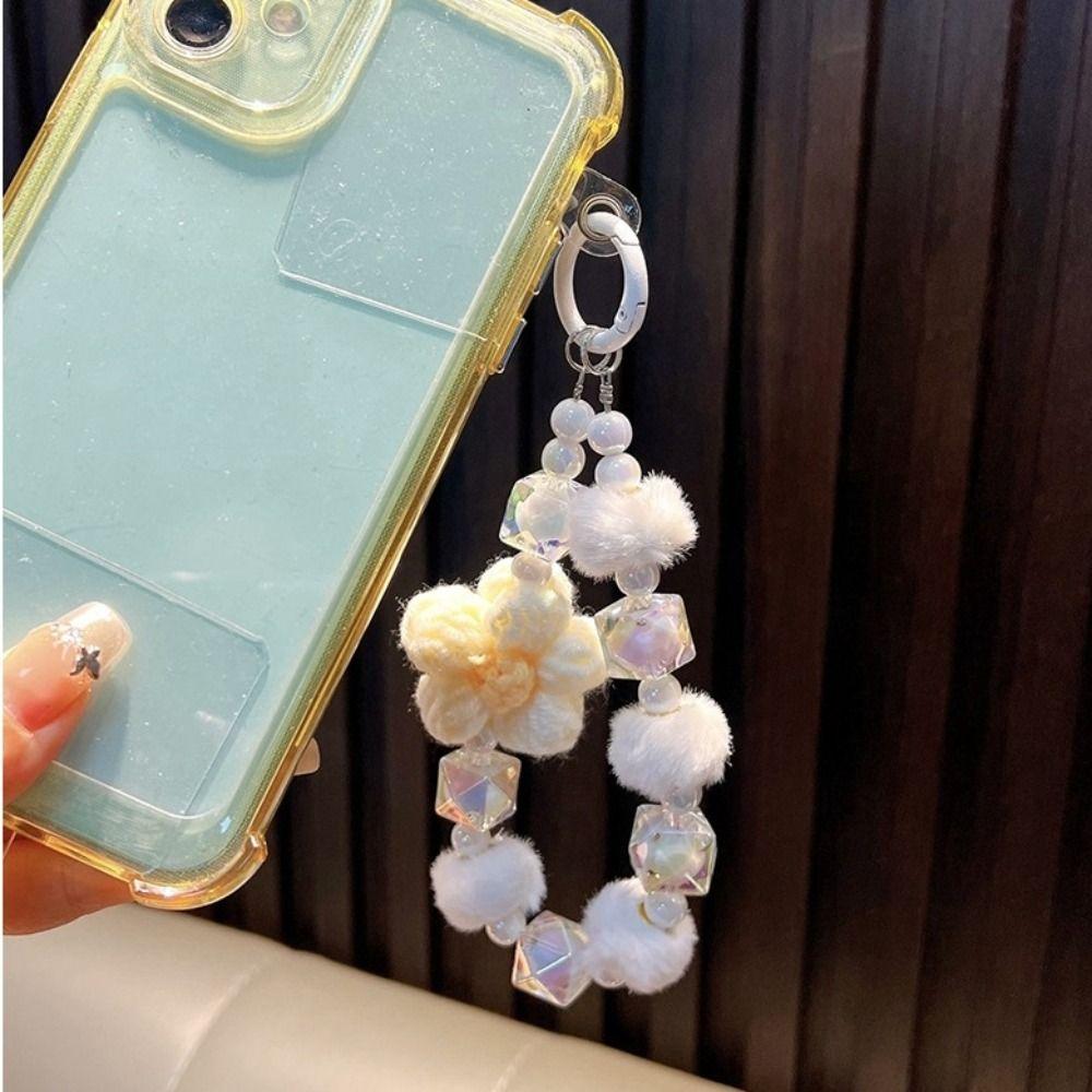 Sweet Beaded Phone Strap Plush Ball Car Key Ring INS Knit Beads Keychain  Children