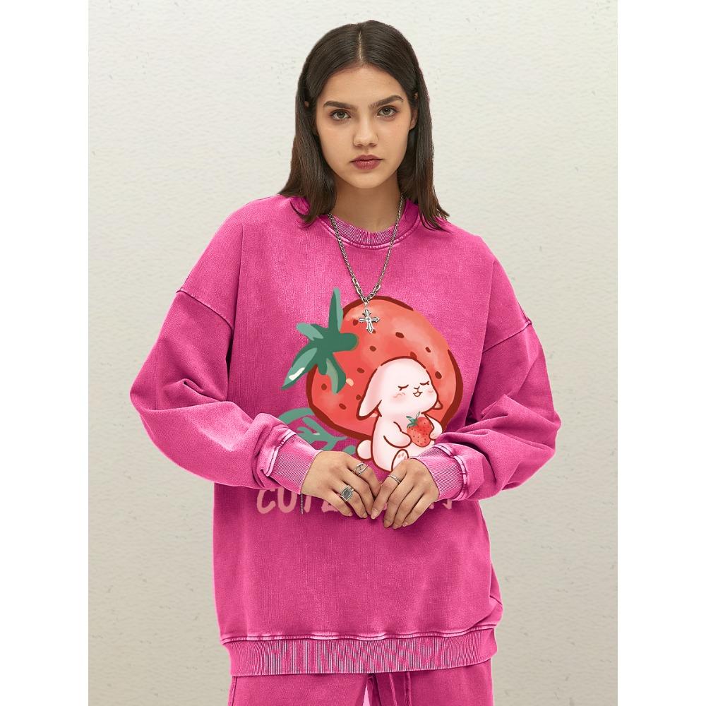 Cute Strawberry Bunny Prints Womens Washed Sweatshirt Cotton Oversize Pullover Street Sportswear Crewneck Soft Clothes