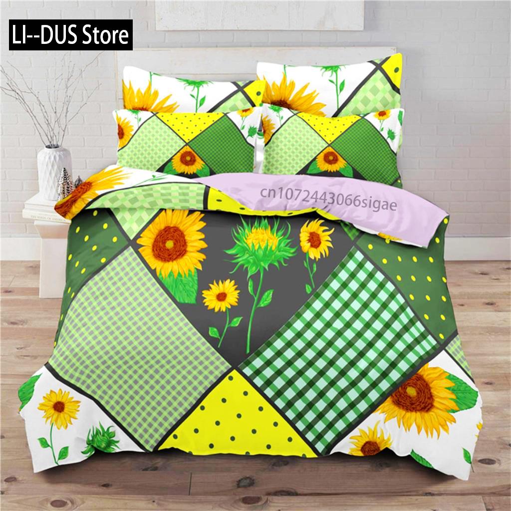 Duvet Cover Sunflower Yellow Flower Bedding Set Farmhouse Green Leaves Floral Quilt Cover For Women Girl Bedroom Decorations