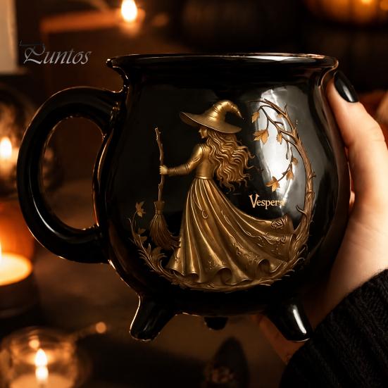 Kaffee Milch Heiße Schokolade Tasse Halloween Hexe Kessel Tasse, 350ml Vintage Gotisch Dreibeiniger Zaubertopf, Tasse für Schwarze Katze Keramik Haus Und Büro Dekoration Drei