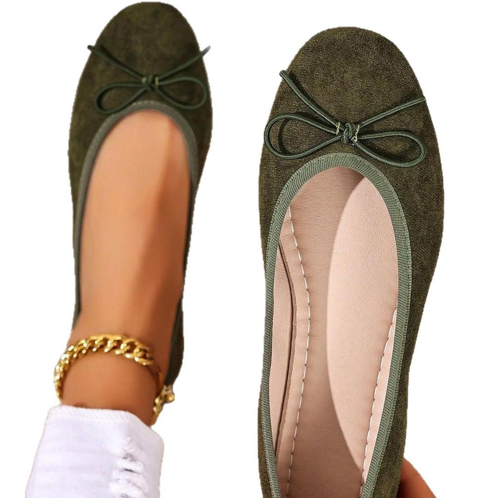 Plus Size Women's Black Suede Ballet Flats with Bow - Soft Sole & Shallow Mouth for Commuting