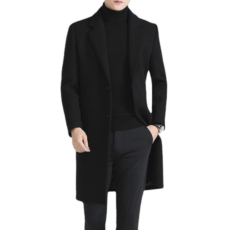 Abrigo de lana de invierno para hombre, abrigo informal de cuello de traje, abrigo de lana grueso de algodón con clip largo, moda juvenil