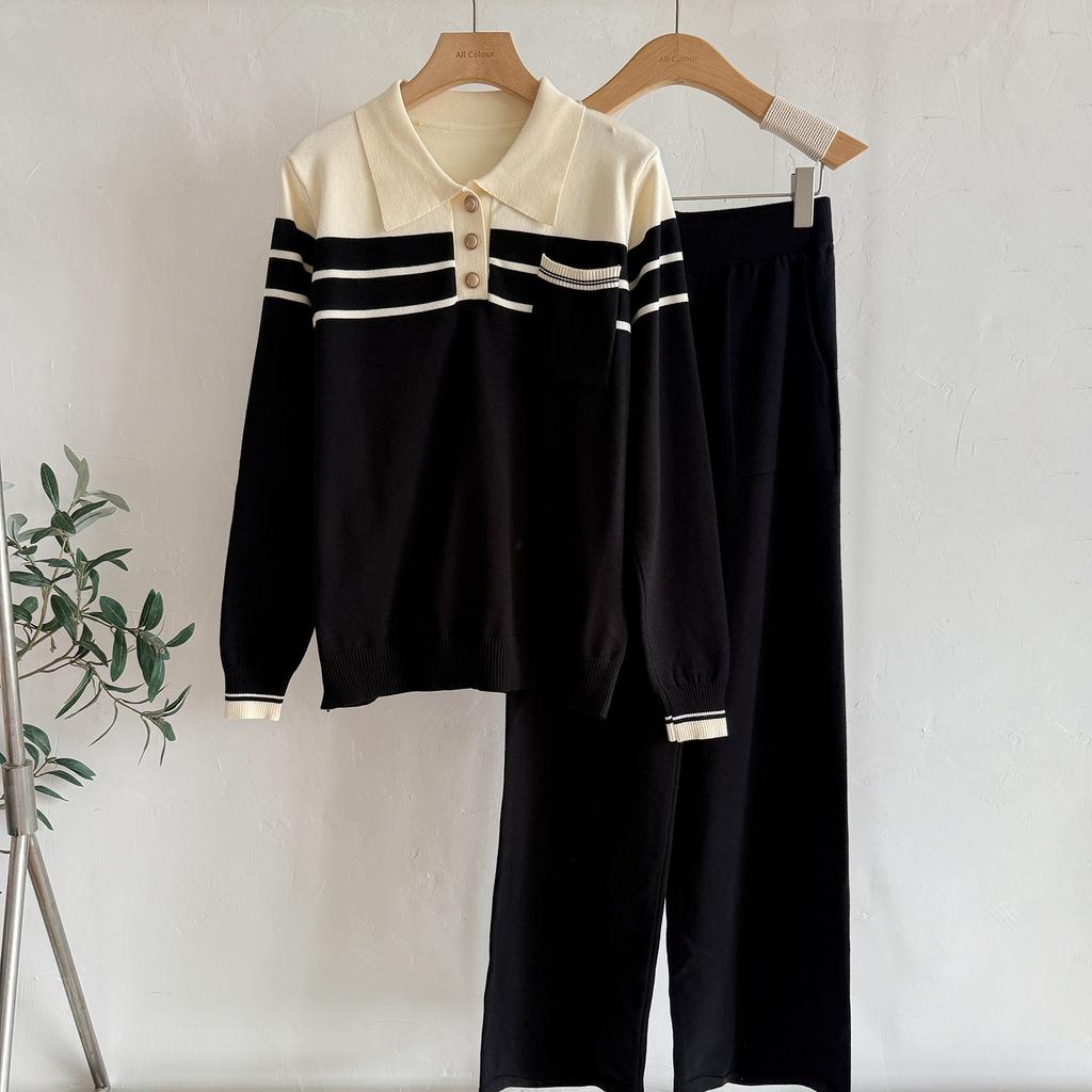 Striped Sweater Set Spring and Autumn 2025 New Loose Fashion Casual Wide-leg Pants Knitted Two-piece Set