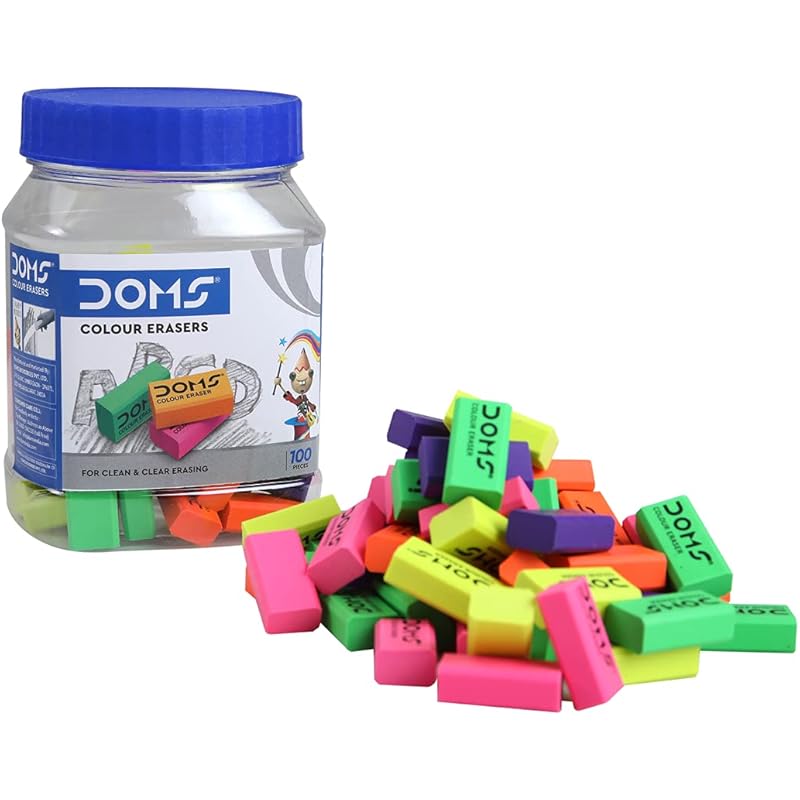 Doms Non-Toxic Dust Free Coloured Erasers Jar Pack Set (Pack Of 100)