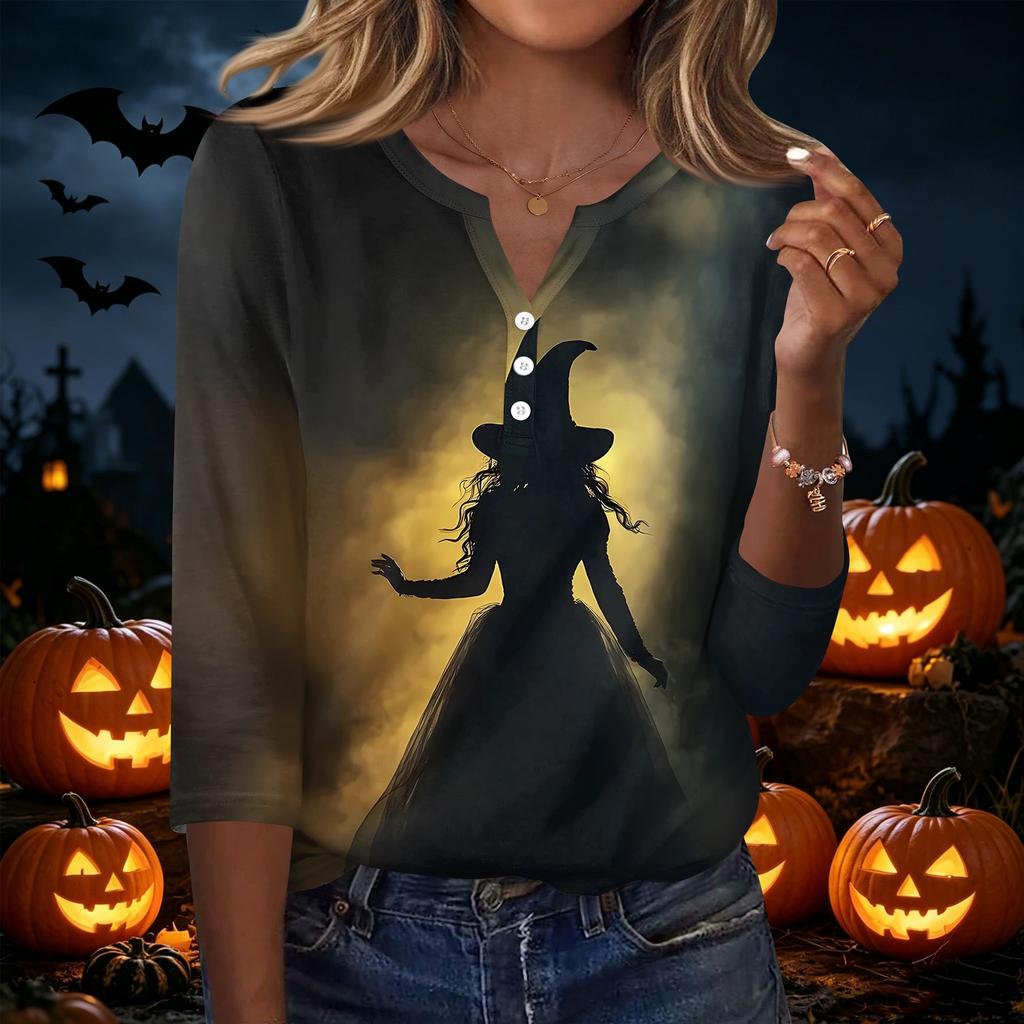 Womens Halloween Print V Neck Button Front Three Quarter Sleeve Casual T Shirt Top with Relaxed Fit and Lightweight Fabric for Seasonal Wear