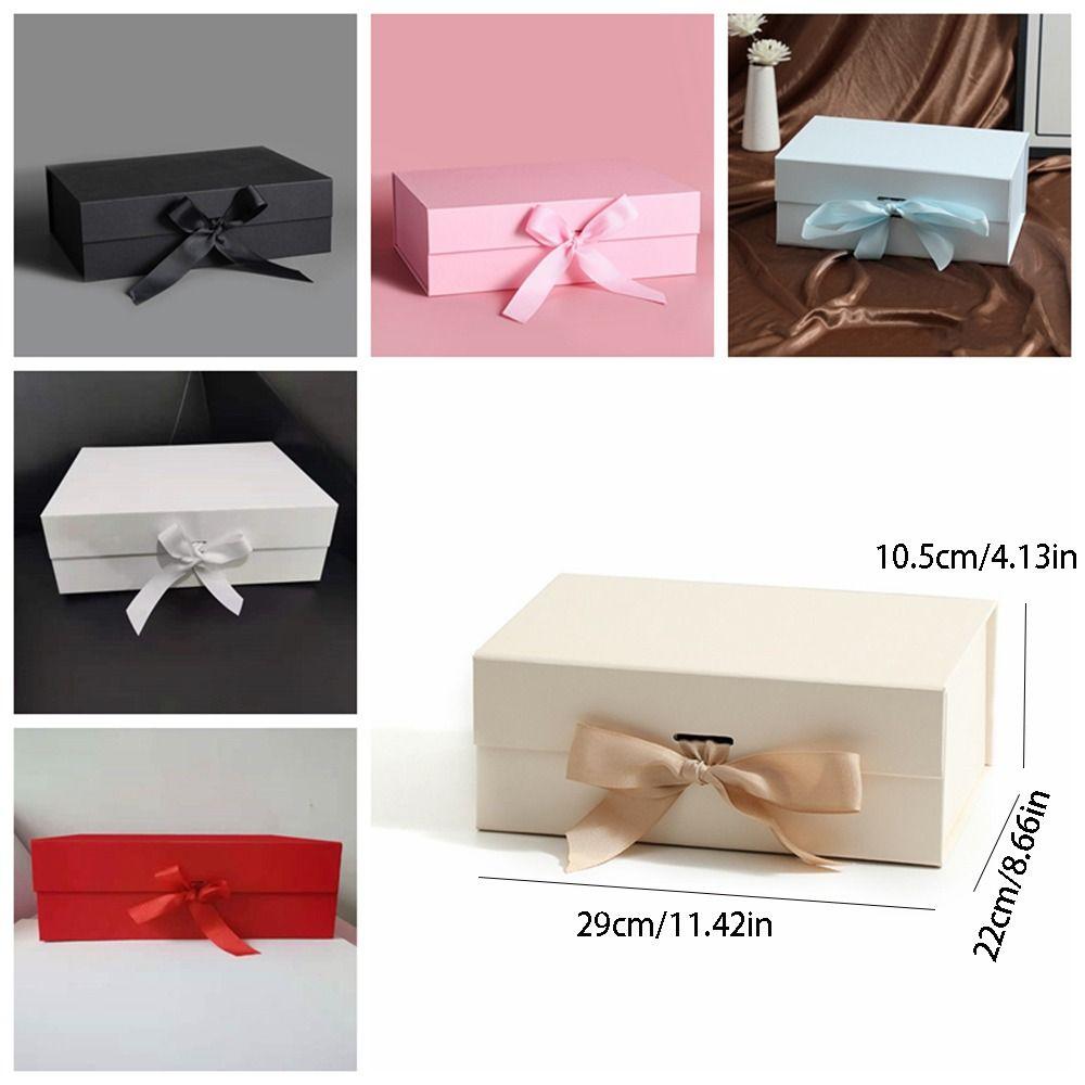 Pure Color Gift Box One-Piece Design Flip Cover Cardboard Folding Box Ribbon Decoration Foldable Gift Packaging Birthday