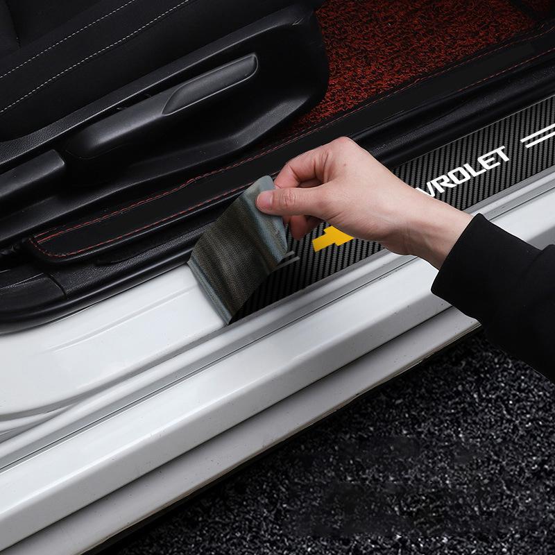 Car Door Threshold Scuff Plate Carbon Fiber Decals Stickers For Chevrolet Cruze Impala Malibu Silverado Cobalt Impala Onix Tahoe