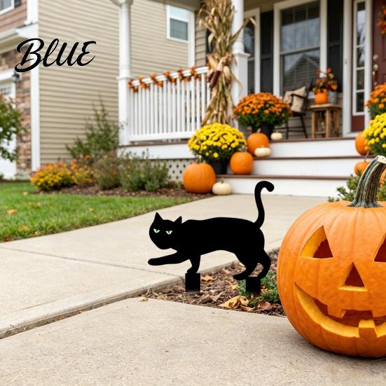 Outdoor Halloween Atmosphere Decor Garden Stake Black Cat Yard Sign with Glow-in-the-dark Ghost Signs Eyes Waterproof Spooky Silhouette for