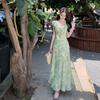 French Dopamine Green Floral Dress Women's Summer Lotus Leaf Edge Holiday Waist Thin Tie-up Collar Dress