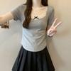 Women's Summer Korean Style Slim Bow Lace Patchwork Short Sleeve T-Shirt