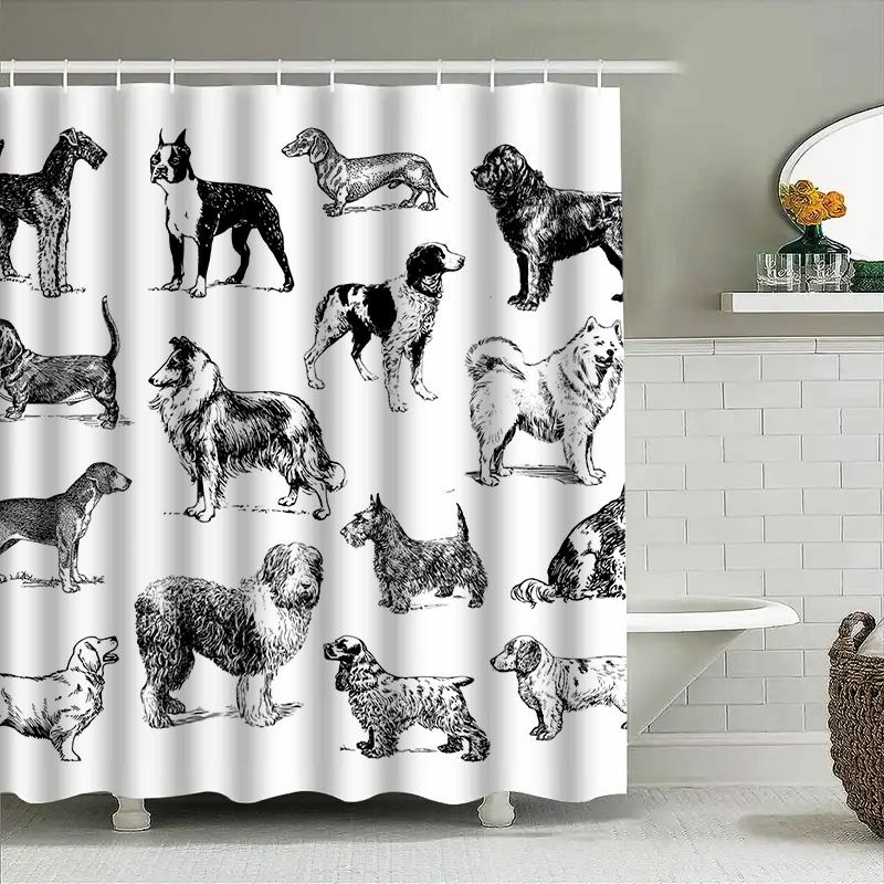 Decorative Shower Curtain Featuring A Vintage Dog Illustration Perfect For Pet Lovers