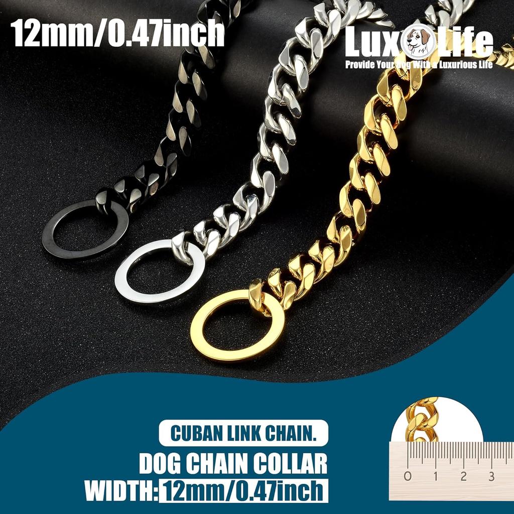 12mm Gold Cuban Link Dog Collar - Stainless Steel Chain Collar with O-Ring Lock for Small, Medium & Large Dogs - Adjustable Heavy Duty Pet Walking