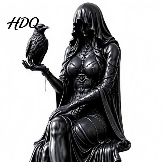 Statua Nera in Resina Stampata 3D/Resina Dama con Cappuccio Figura da Libreria Scultura Gotica Seduta