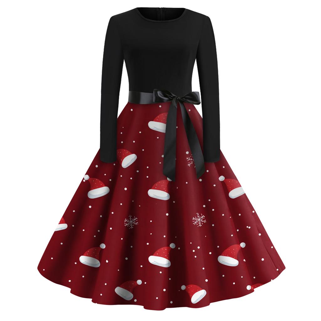 Damenmode Rundhals Lässig Slim Fit Weihnachtsdruck Weit schwingendes Langarmkleid