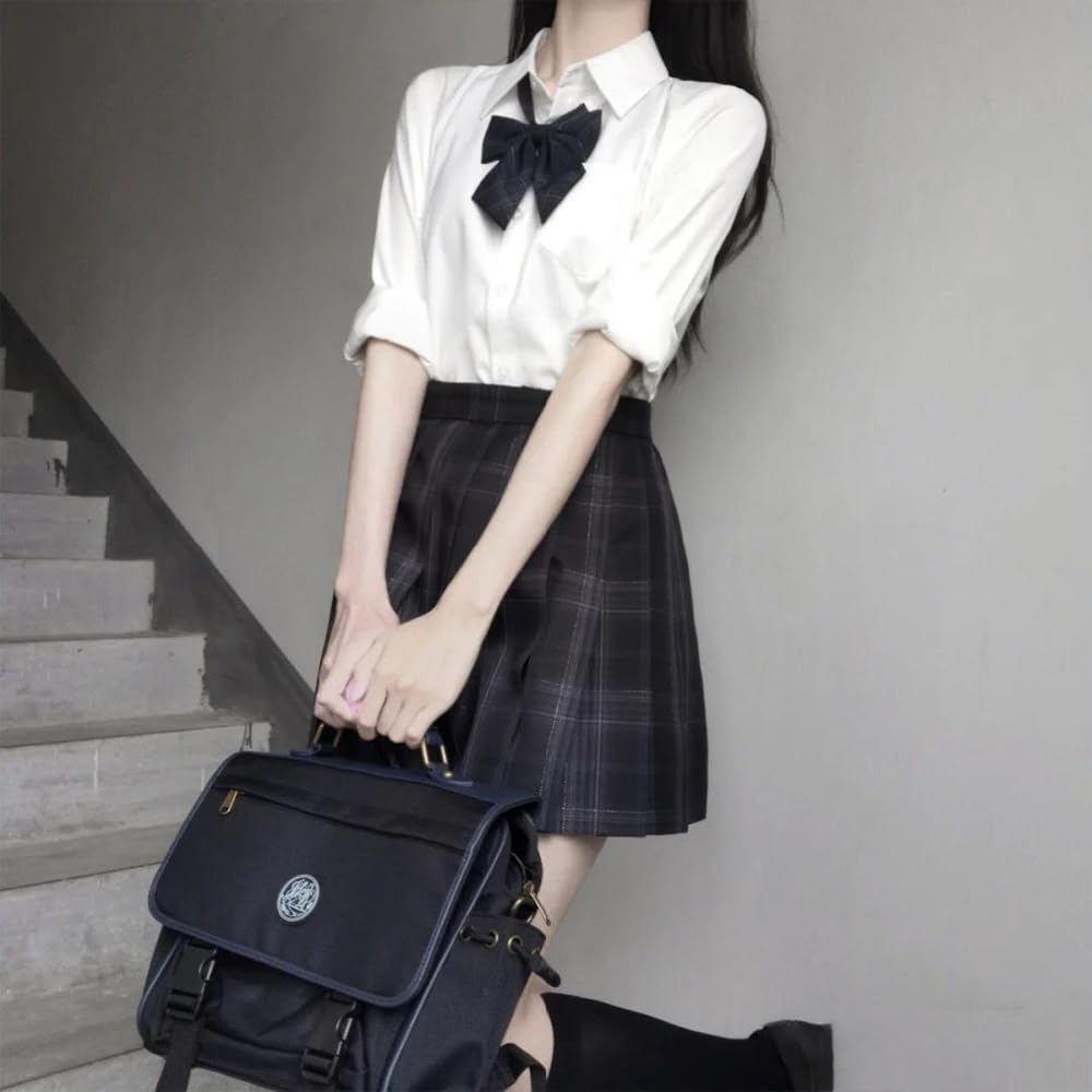 GEAHOL School Uniform Skirt 3-Piece Set Girls High Waist Pleated Check Pattern with Bow Tie Tie Adjustable Waist Machine Washable for School Festival