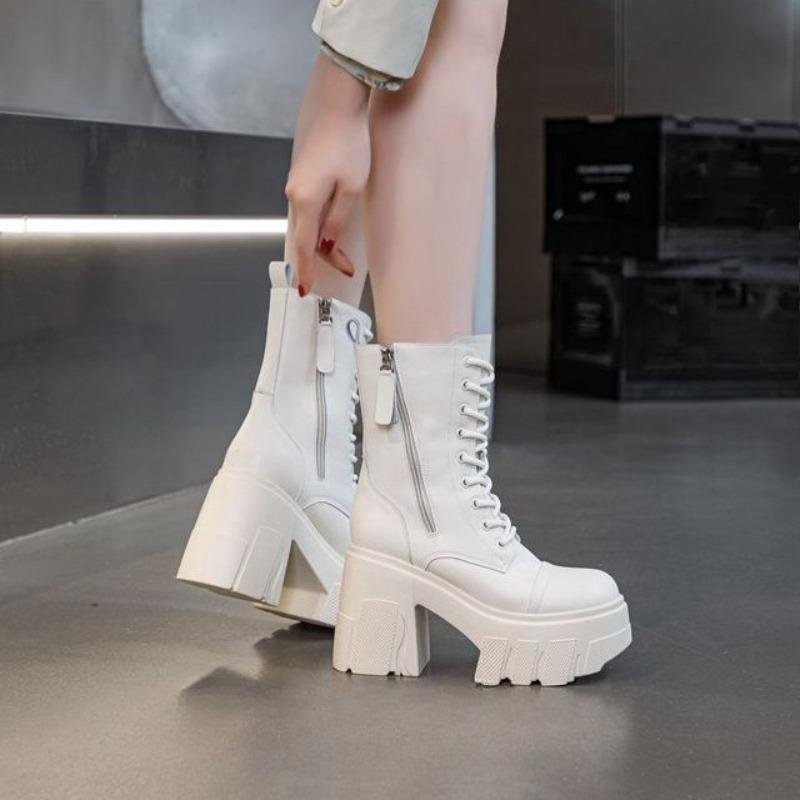 Damenstiefel, hochwertige, lässige Lederstiefel mit Plateauabsatz und seitlichem Reißverschluss, dickem Absatz, Stiefeletten, Botas Mujer