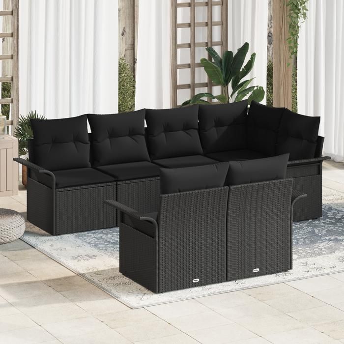 Ensemble de Canapé 7 pièces avec Coussins Noir Rattan Synthétique, Canapé 2 places avec Rangement &amp; Coussins Noir Rattan 3354072
