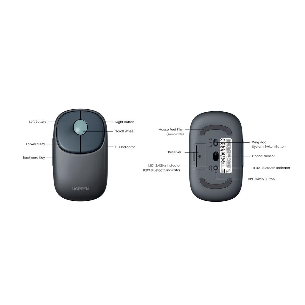 Ugreen MU102 FUN+ Dual-Mode Wireless Mouse, Bluetooth & 2.4 GHz Connectivity, Black Finish