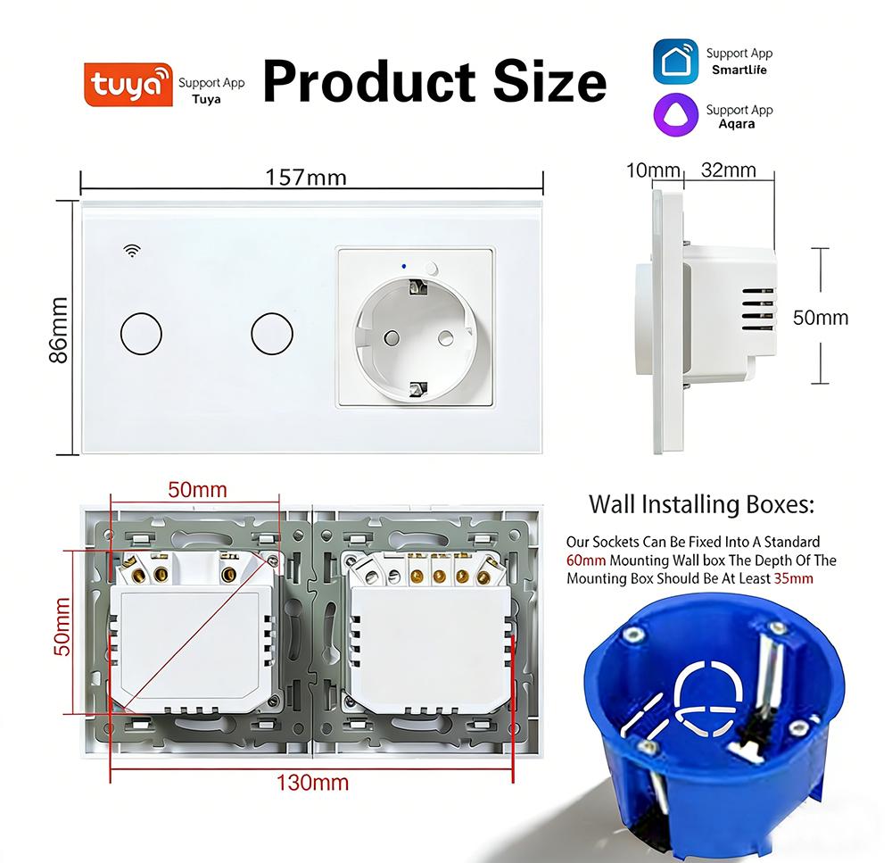 1 Gang EU Standard WiFi Smart Switch with WIFI USB Wall Socket, Tuya APP Remote Control Timer Power Outlet