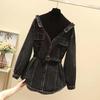 Women's Denim Jacket Spring Autumn Fake Two Pieces Appear Thin Ladies Temperament Long Sleeve Female Cowboy Coat