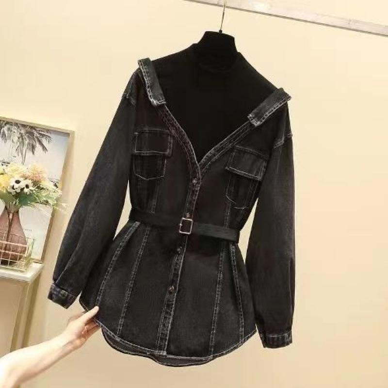Women's Denim Jacket Spring Autumn Fake Two Pieces Appear Thin Ladies Temperament Long Sleeve Female Cowboy Coat