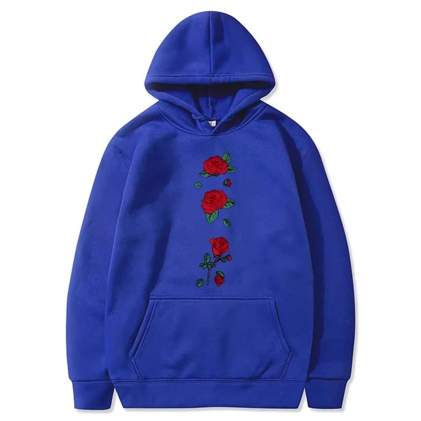 Fashion Trend Leisure5 Rose Flower Print Men's Pullover Autumn and Winter Loose Streetwear Outdoor Sports Sweatshirt